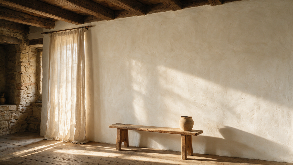 Sonnendurchflutetes Zimmer mit frisch verarbeitetem Kalkputz
